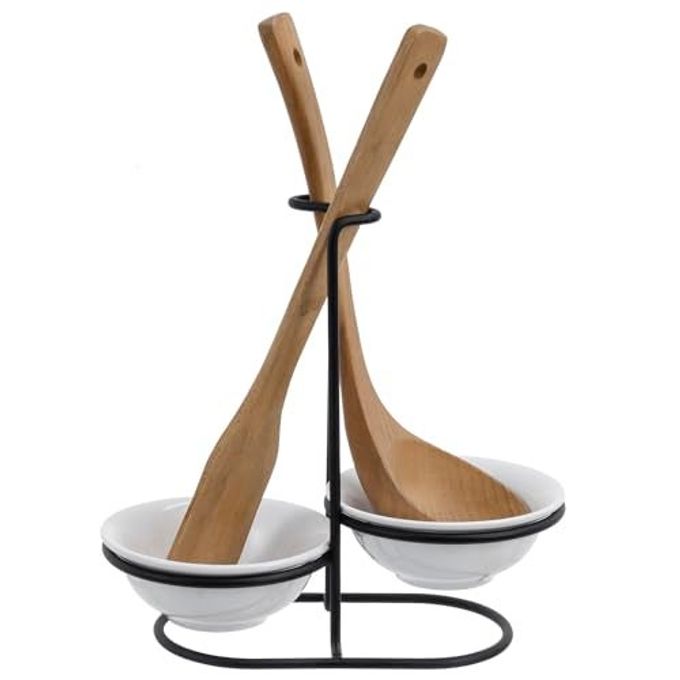 MyGift Countertop Ceramic Spoon Rest with Matte Black Metal Stand, Upright Ladle Holder Rack with 2 Bowl Dish - Image 4