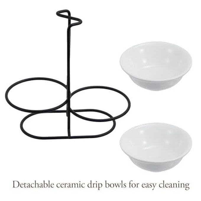 MyGift Countertop Ceramic Spoon Rest with Matte Black Metal Stand, Upright Ladle Holder Rack with 2 Bowl Dish - Image 5