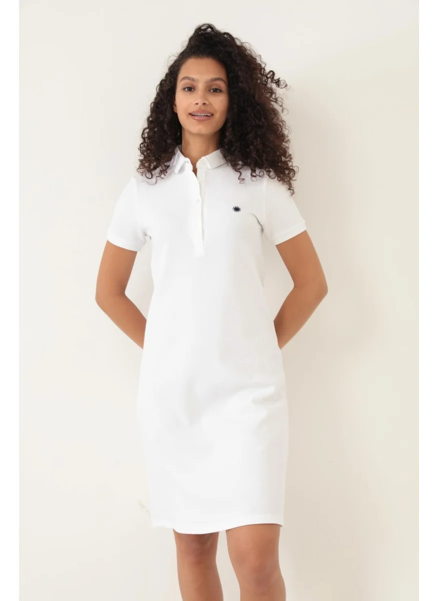 Miron White Women's Polo Neck Short Sleeve Knitted Dress -2431