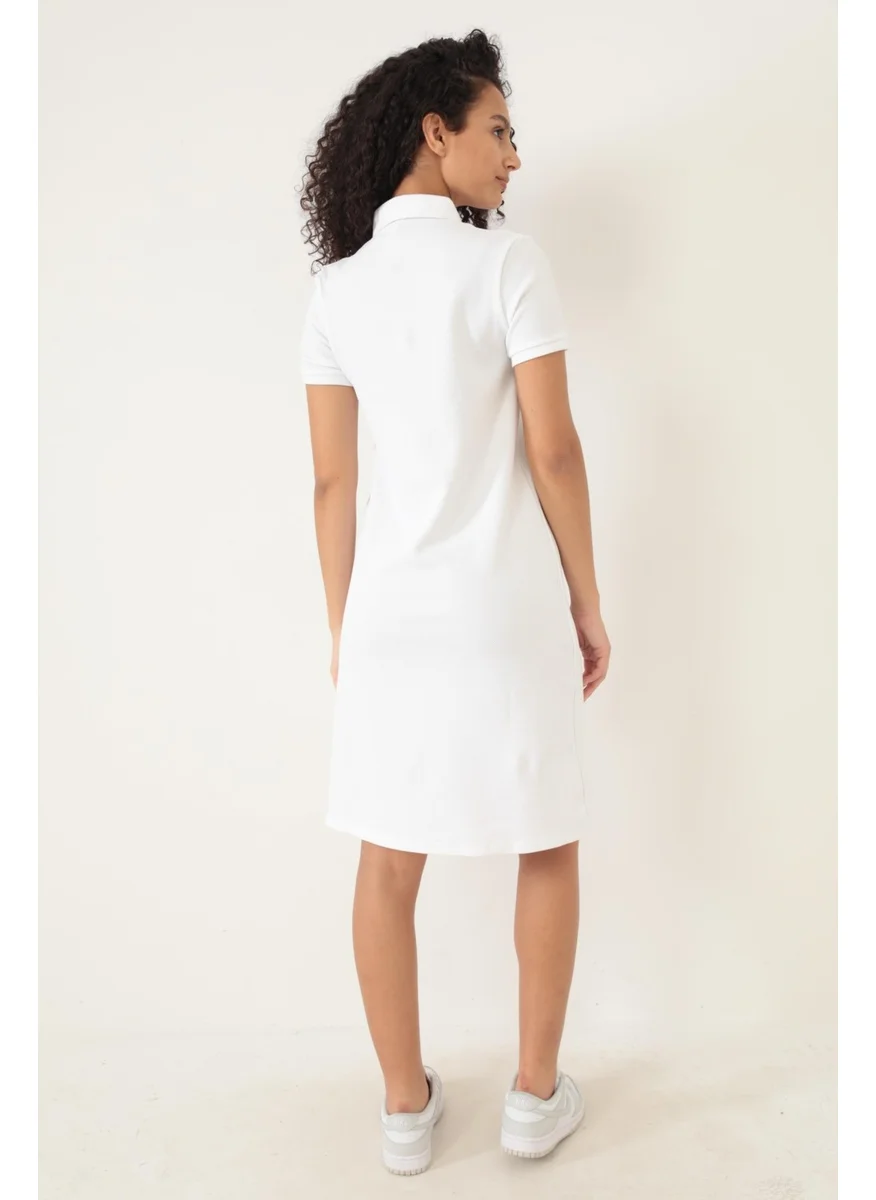 Miron White Women's Polo Neck Short Sleeve Knitted Dress -2431