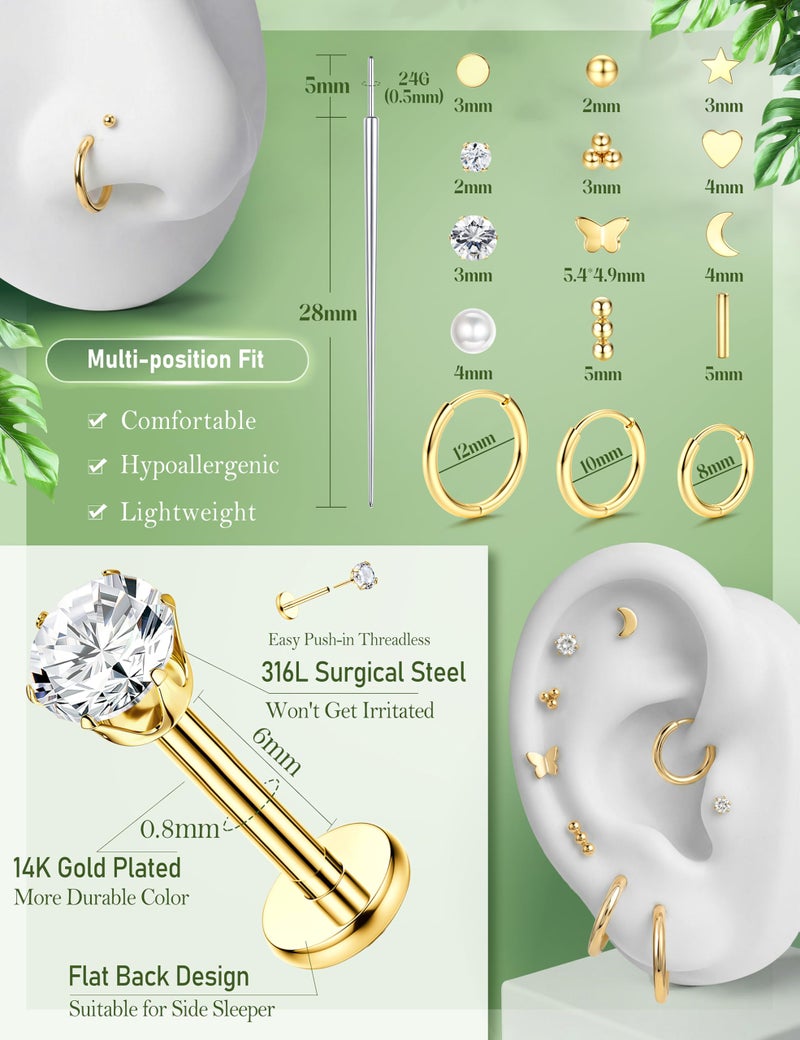 ORAZIO Flatback Stud Hoop Cartilage Earrings for Women Men Hypoallergenic Threadless Flat Back Earrings Surgical Steel Earring Tragus Helix Labret Lip Medusa Conch Body Piercing Jewelry - Image 2