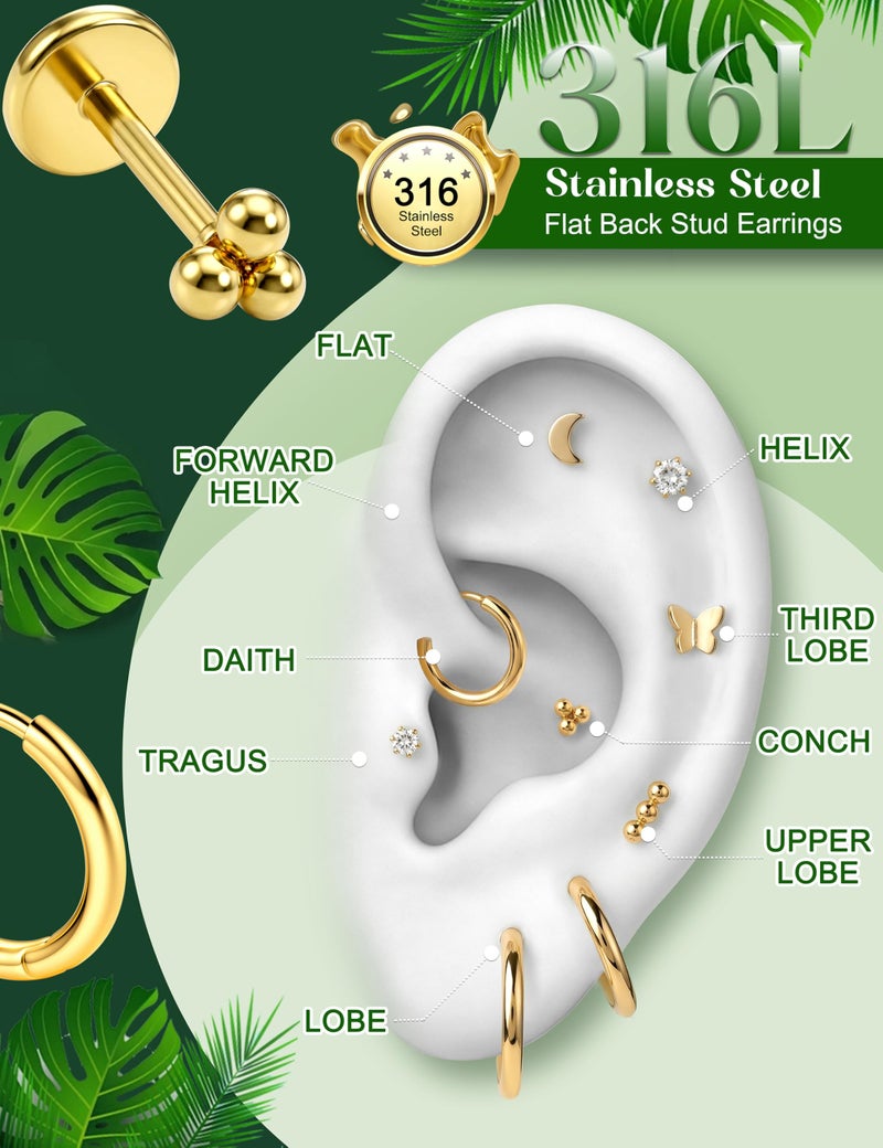 ORAZIO Flatback Stud Hoop Cartilage Earrings for Women Men Hypoallergenic Threadless Flat Back Earrings Surgical Steel Earring Tragus Helix Labret Lip Medusa Conch Body Piercing Jewelry - Image 5
