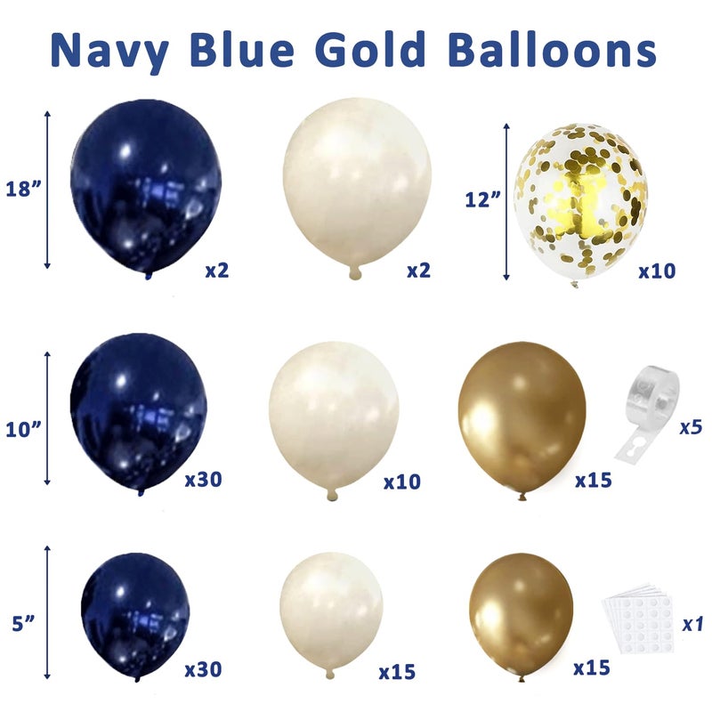PUFFLD Navy Blue Gold Balloon Graland Arch Kit, Double Stuffed Pearl White Royal Blue Chrome Gold with Confetti Balloons for New Year Graduation Birthday Wedding Party Decorations - Image 2