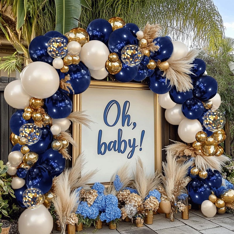 PUFFLD Navy Blue Gold Balloon Graland Arch Kit, Double Stuffed Pearl White Royal Blue Chrome Gold with Confetti Balloons for New Year Graduation Birthday Wedding Party Decorations - Image 5