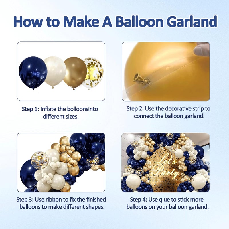 PUFFLD Navy Blue Gold Balloon Graland Arch Kit, Double Stuffed Pearl White Royal Blue Chrome Gold with Confetti Balloons for New Year Graduation Birthday Wedding Party Decorations - Image 3