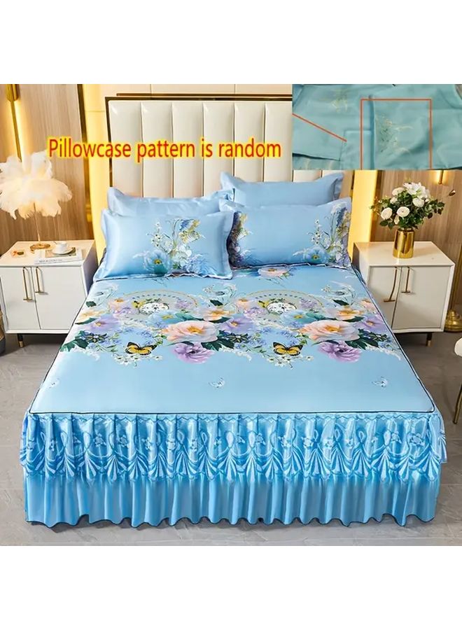 Blue Luxury European Style Bed Skirt Set with Lace Trim Cooling Polyester Mat Non Slip Foldable Machine Washable - Image 1