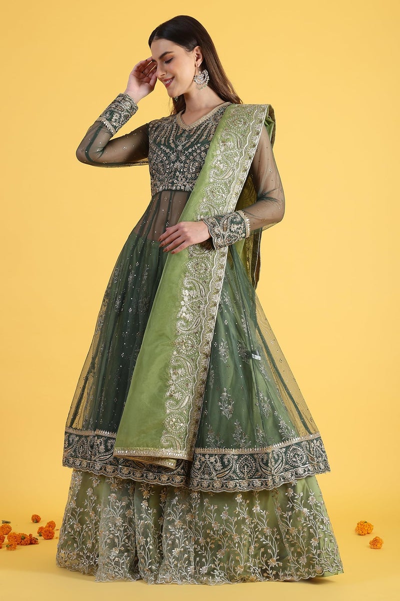 Wishful Women's Green Metallic Embroidery Mesh Flared Kurta & Skirt with Dupatta Set (Size: M)-24AUSP11985-125144 - Image 2