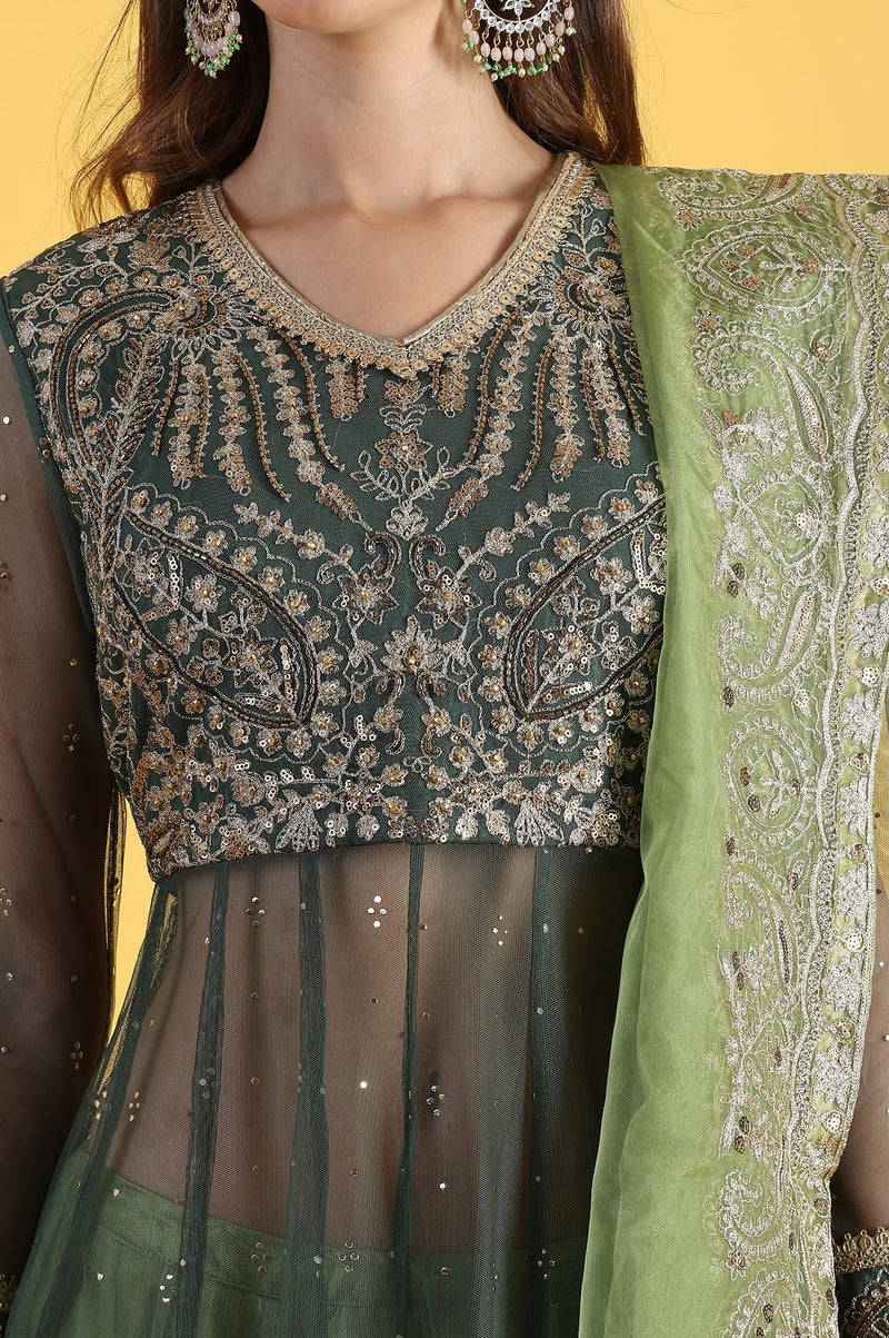Wishful Women's Green Metallic Embroidery Mesh Flared Kurta & Skirt with Dupatta Set (Size: M)-24AUSP11985-125144 - Image 3