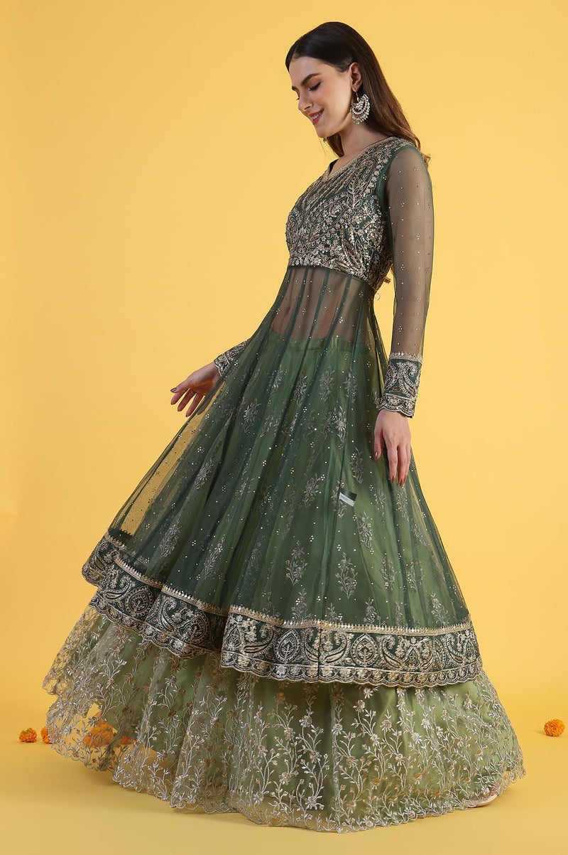 Wishful Women's Green Metallic Embroidery Mesh Flared Kurta & Skirt with Dupatta Set (Size: M)-24AUSP11985-125144 - Image 4