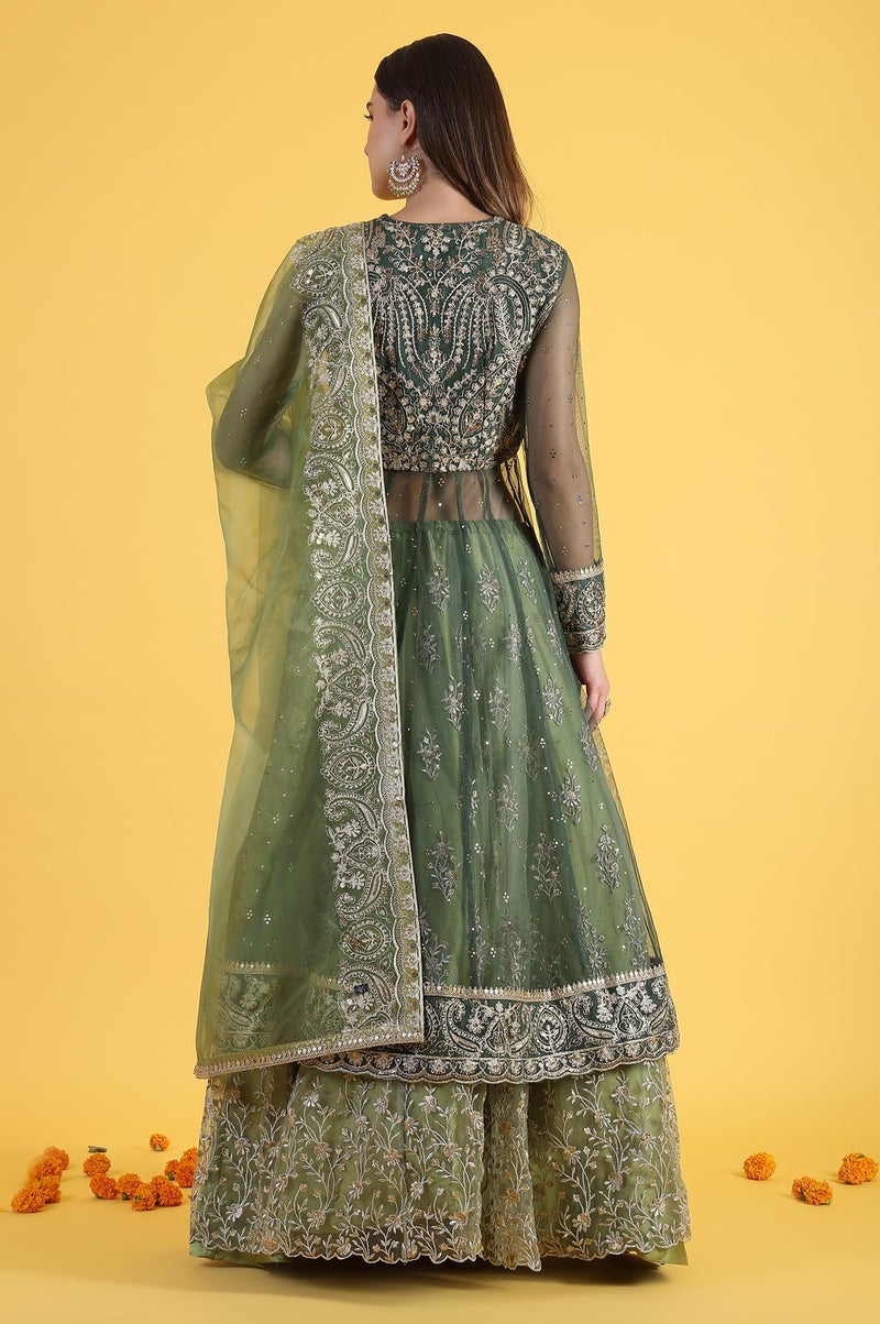 Wishful Women's Green Metallic Embroidery Mesh Flared Kurta & Skirt with Dupatta Set (Size: M)-24AUSP11985-125144 - Image 5