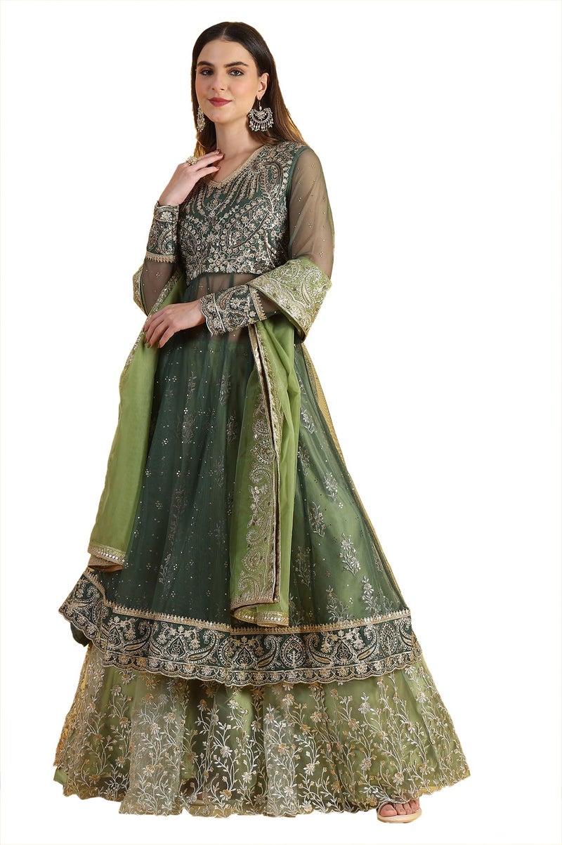 Wishful Women's Green Metallic Embroidery Mesh Flared Kurta & Skirt with Dupatta Set (Size: M)-24AUSP11985-125144 - Image 1