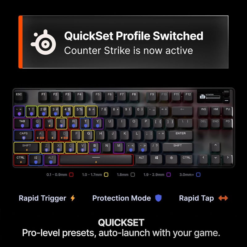 steelseries Apex Pro TKL Gen 3 Wireless Mechanical Gaming Keyboard, OmniPoint 3.0 Adjustable HyperMagnetic Switches, 0.7ms Response Time, Double-Shot PBT Keycaps, 37.5 hrs Battery Life (Wireless), 5 Custom Profiles, Per-Key RGB Lighting, OLED Smart Display, US English Layout, Wireless & Bluetooth Connectivity, Black | 64871 - Image 3