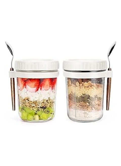 Overnight Oats Jars with Lid and Spoon, 2PCS 350ml Large Capacity Airtight Oatmeal Container with Measurement Marks, Wide Mouth Portable Jars Breakfast Container for Salads Yogurt Cereal Milk