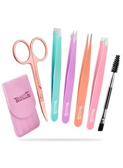 TsMADDTs Eyebrow Tweezer Set, 6 Pcs Tweezers Set For Women, Precision Tweezer For Eyebrows With Curved Scissors For Ingrown Hair, Hair Plucking Daily Beauty Tools With Leather Travel Case  - Image 1