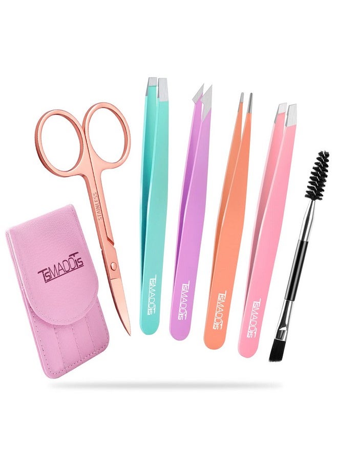 TsMADDTs Eyebrow Tweezer Set, 6 Pcs Tweezers Set For Women, Precision Tweezer For Eyebrows With Curved Scissors For Ingrown Hair, Hair Plucking Daily Beauty Tools With Leather Travel Case  - Image 1