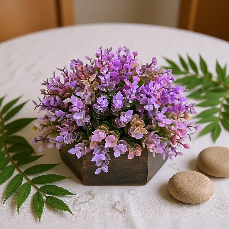 fancymart Artificial Hackleberry Purple Plant in Wood Hexagon Pot - 15cm Height - Home & Office Decor Elegant Potted Plant for Tabletop Enhancement - Image 1