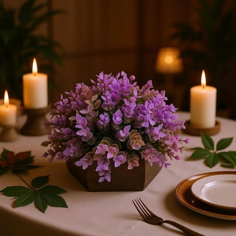 fancymart Artificial Hackleberry Purple Plant in Wood Hexagon Pot - 15cm Height - Home & Office Decor Elegant Potted Plant for Tabletop Enhancement - Image 5