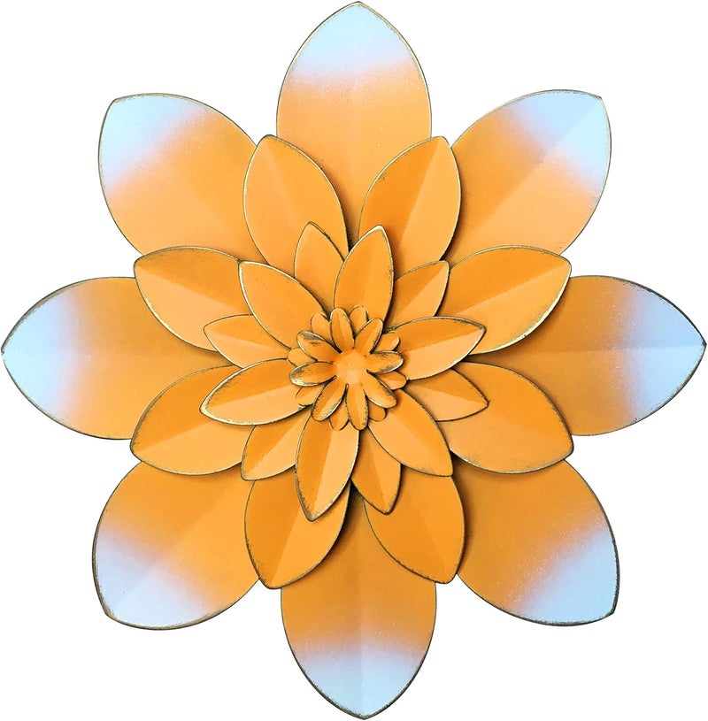 Picfarce Yellow Metal Flower Wall Art Decor, 9.5“ Rustic Gold Modern Floral Sculpture, Distressed Hanging Home Decoration Accent Artworks for Indoor Bedroom Living Room Office Outdoor Garden Patio - Image 1
