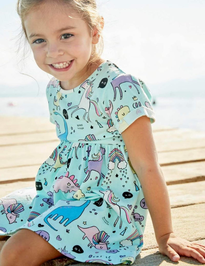 Bumeex Toddler Girl's Dinosaur Summer Dresses Clothes,Short Sleeve Casual Outfits 3t Blue - Image 2