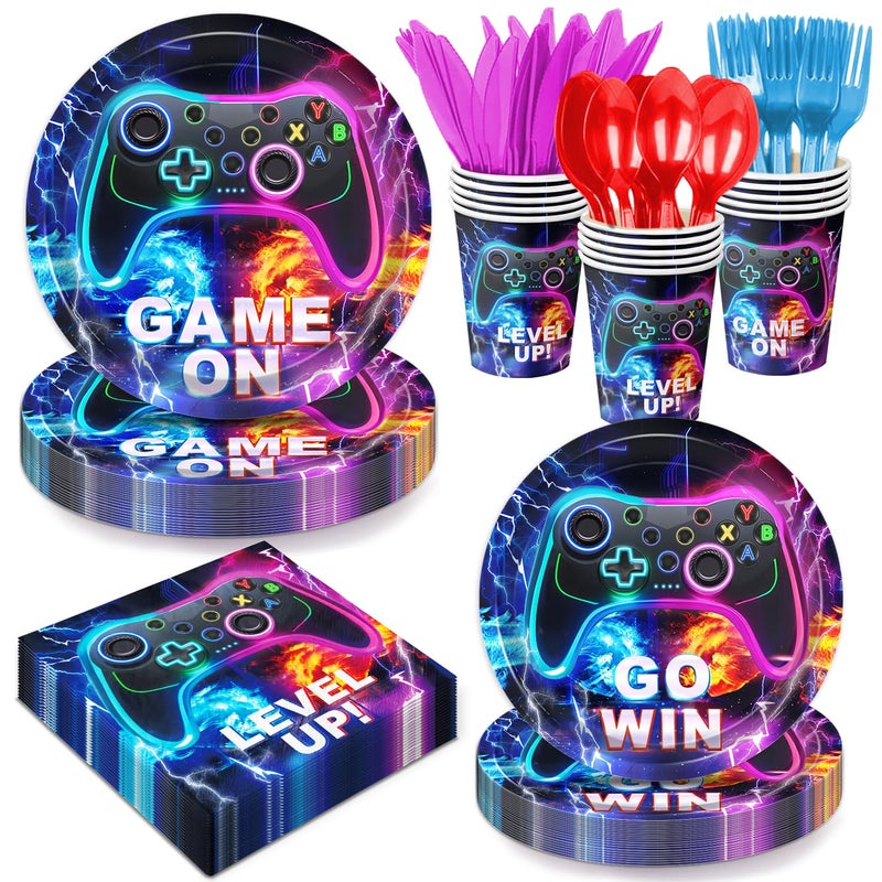 QIYANPAX 168 PCS Video Game Party Decorations Game Party Supplies Includes Plates Napkins Cups Cutlery for Game Birthday Party Decorations Serves 24