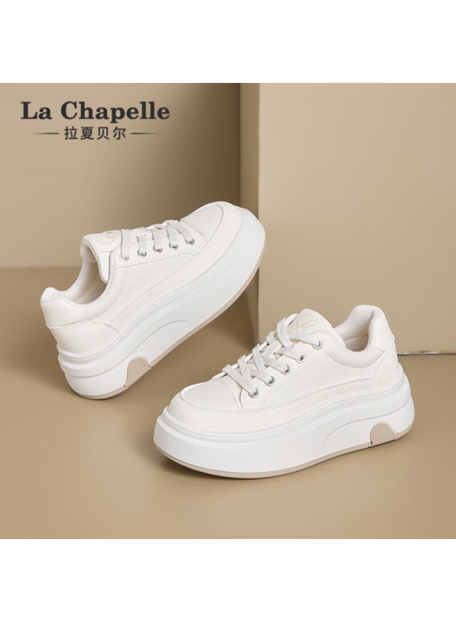 La Chapelle Women's White Shoes Winter New Trendy Versatile Thick Sole Sneakers Retro Casual Height Increasing Sports Shoes Beige Size 36
