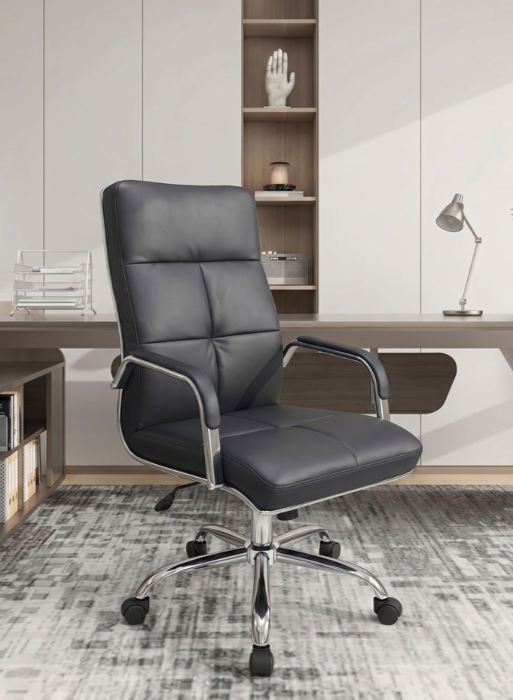 KARNAK Cooper Medium Back Office Chair with PU Leather Upholstery, Padded Armrests, Swivel Function and Chrome 5-Star Base, Black - Image 3
