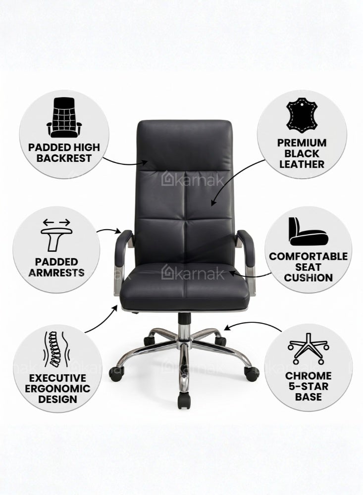 KARNAK Cooper Medium Back Office Chair with PU Leather Upholstery, Padded Armrests, Swivel Function and Chrome 5-Star Base, Black - Image 5