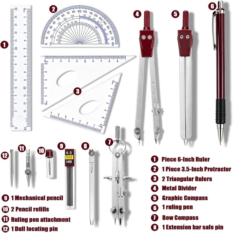 Ysglory أداة فرجار هندسي، مجموعة فرجار ومنقلة 13 قطعة، أداة رسم رياضيات هندسية، مجموعة دقيقة، فرجار رسومي مساطر مثلثية أقلام منقلة مع حافظة تخزين (بني) - Image 4