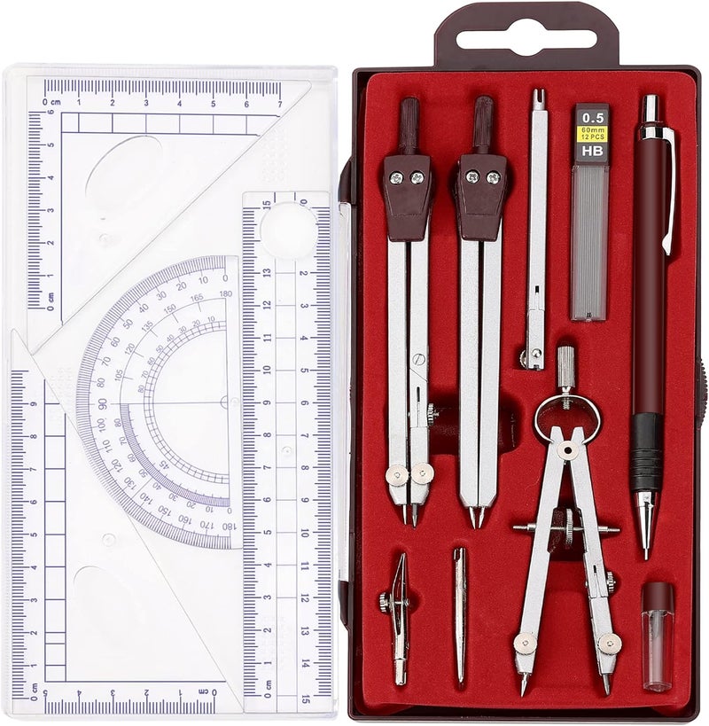Ysglory أداة فرجار هندسي، مجموعة فرجار ومنقلة 13 قطعة، أداة رسم رياضيات هندسية، مجموعة دقيقة، فرجار رسومي مساطر مثلثية أقلام منقلة مع حافظة تخزين (بني) - Image 1