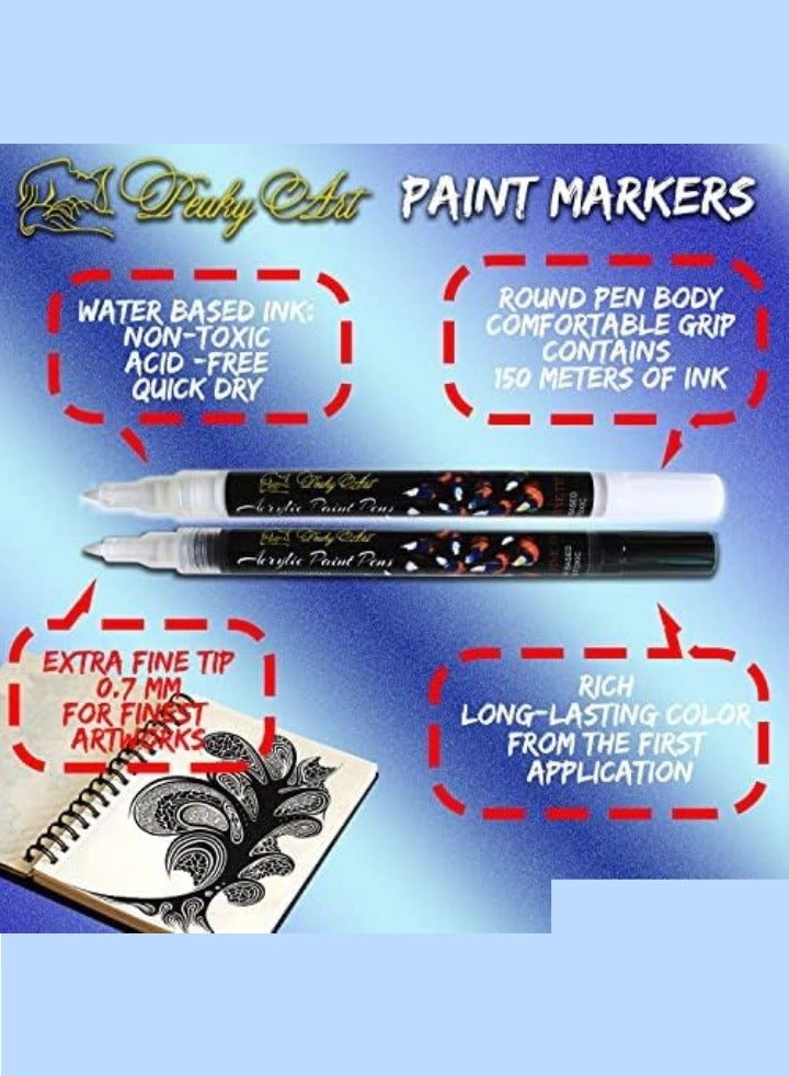 Peaky Art 3+3 pack acrylic markers set, professional artists sketch pens for leather, plastic & glass paint acrylic pen, vibrant acrylic paint set, waterproof fine 0.7mm tip black & white marker  - Image 5