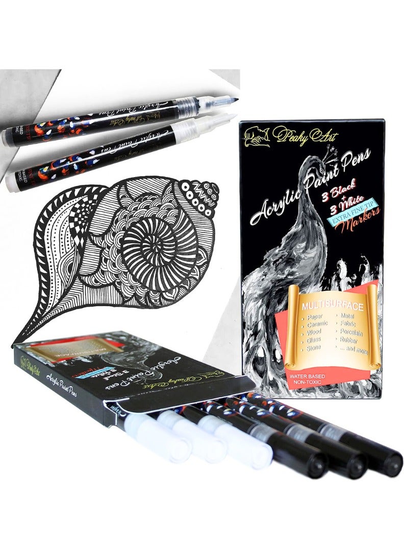 Peaky Art 3+3 pack acrylic markers set, professional artists sketch pens for leather, plastic & glass paint acrylic pen, vibrant acrylic paint set, waterproof fine 0.7mm tip black & white marker  - Image 1