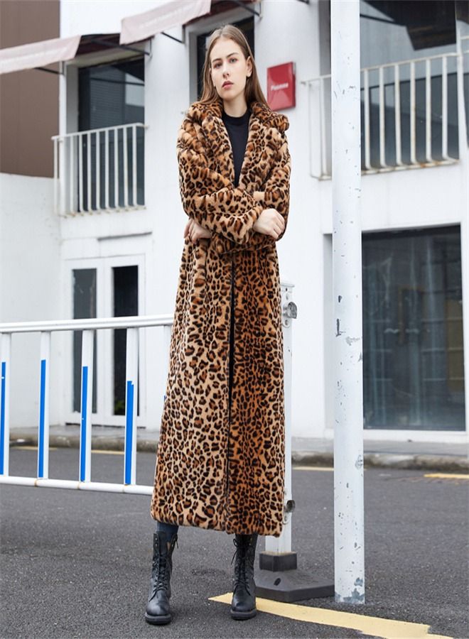 Faux Fur Leopard Print Super Long Coat