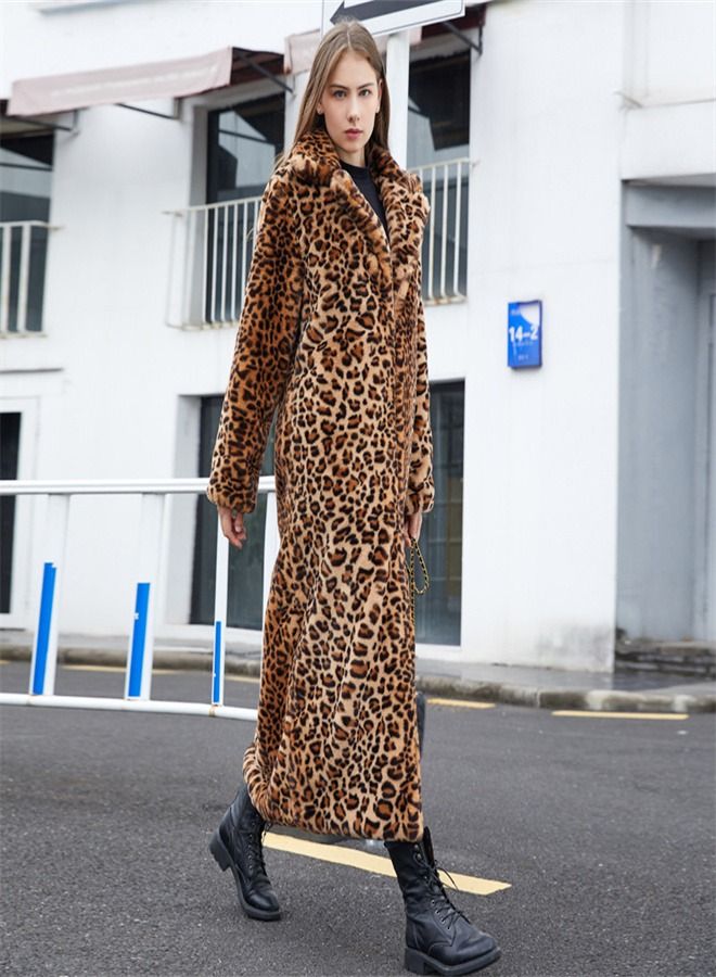 Faux Fur Leopard Print Super Long Coat