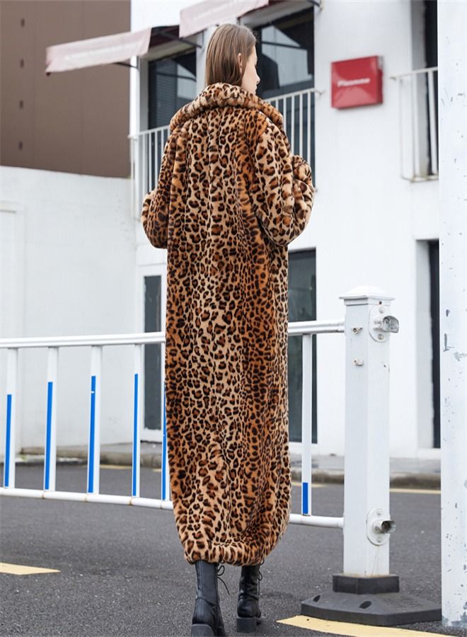 Faux Fur Leopard Print Super Long Coat