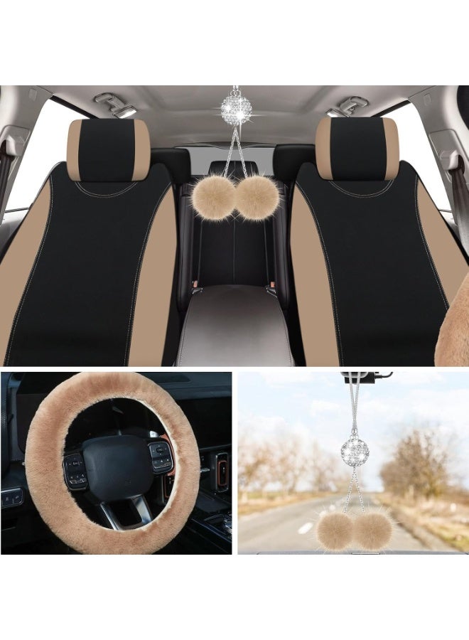 Halamodo 17 Pcs Car Seat Cover Full Set for Women Fluffy Fuzzy Car Accessories Rear Steering Wheel Fleece Handbrake Shift Covers Hanging Accessory Holder Ring Emblem (Beige) - Image 4