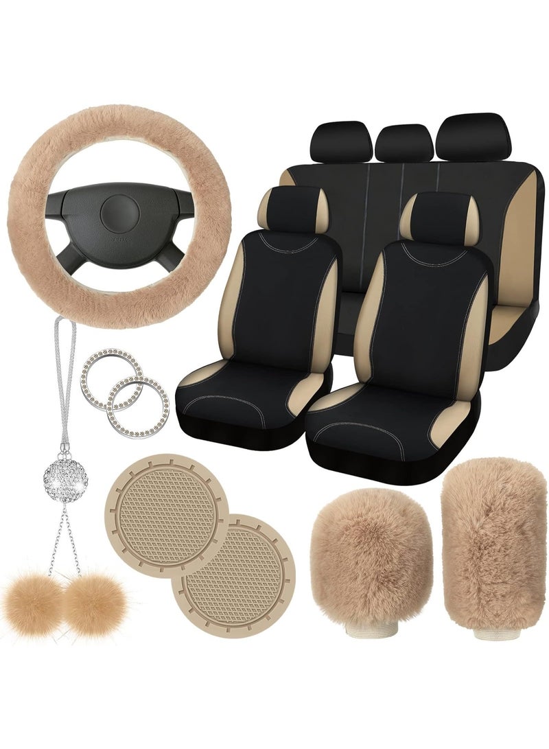 Halamodo 17 Pcs Car Seat Cover Full Set for Women Fluffy Fuzzy Car Accessories Rear Steering Wheel Fleece Handbrake Shift Covers Hanging Accessory Holder Ring Emblem (Beige) - Image 1
