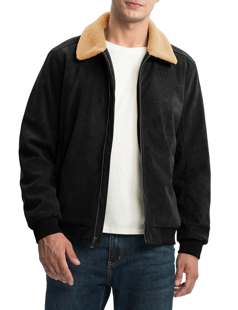 Rdruko Men's Winter Jacket Sherpa Lined Corduroy Fleece Jacket Thick Warm Turn-Down Collar Full Zip Coat, Black, XL - Image 3