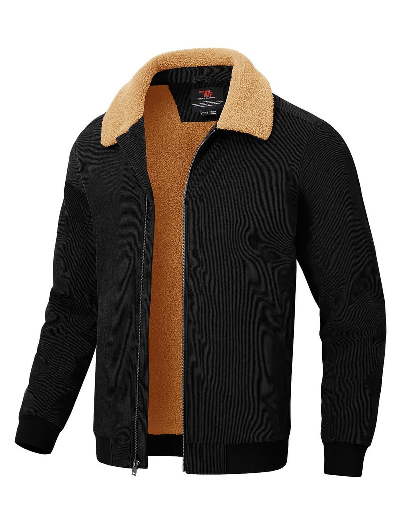 Rdruko Men's Winter Jacket Sherpa Lined Corduroy Fleece Jacket Thick Warm Turn-Down Collar Full Zip Coat, Black, XL - Image 1