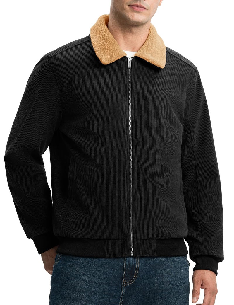 Rdruko Men's Winter Jacket Sherpa Lined Corduroy Fleece Jacket Thick Warm Turn-Down Collar Full Zip Coat, Black, XL - Image 2