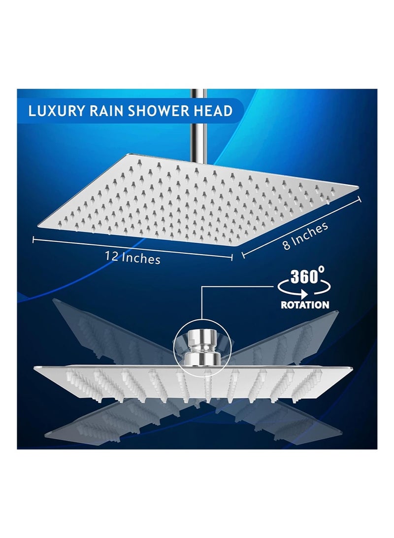 هالونهي رأس دش مطري مستطيل الشكل مقاس 12 × 8 بوصة، مصنوع من الفولاذ المقاوم للصدأ 304، رأس دش مطري غزير عالي التدفق، رأس دش مربع للحمام على شكل شلال، مثبت في السقف أو الحائط (فضي) - Image 5