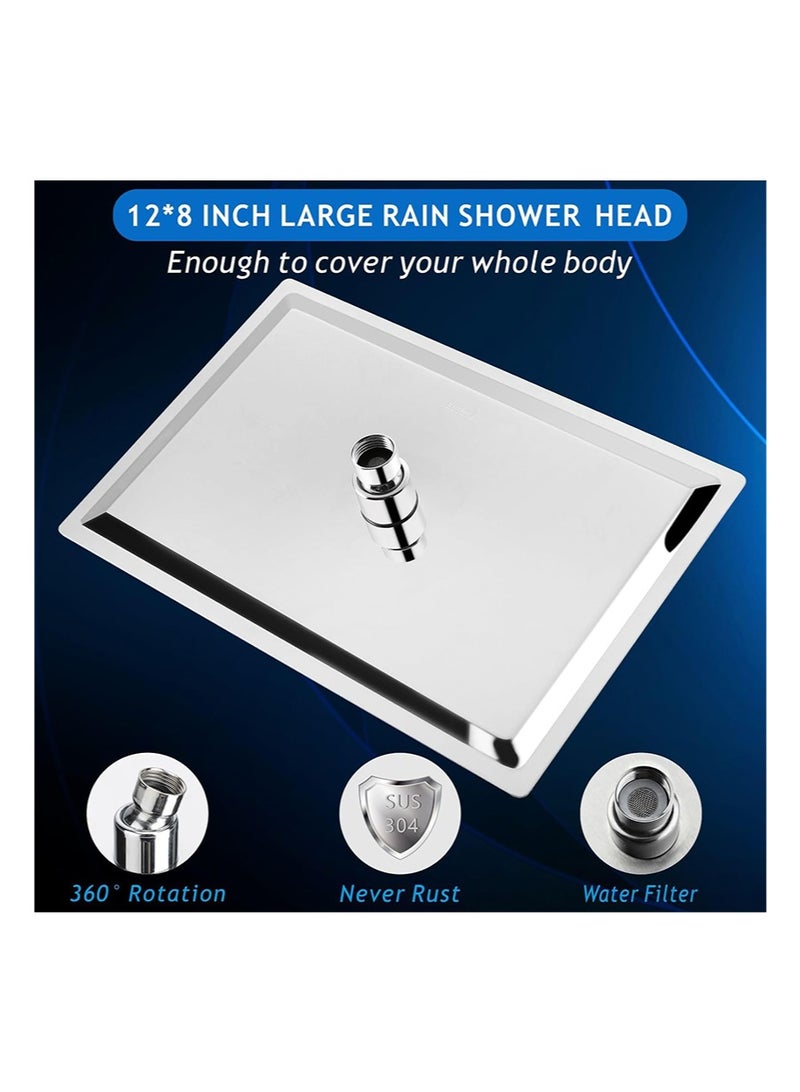 هالونهي رأس دش مطري مستطيل الشكل مقاس 12 × 8 بوصة، مصنوع من الفولاذ المقاوم للصدأ 304، رأس دش مطري غزير عالي التدفق، رأس دش مربع للحمام على شكل شلال، مثبت في السقف أو الحائط (فضي) - Image 2
