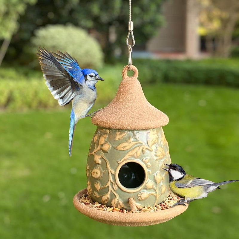 Karlliu Hanging Bird Houses for Outside: Bird House with Wooden Pole Ceramic Birdhouse Feeder for Hummingbirds Cardinal Wren Bluebird Wild Birds Nest Birdhouses Pet Cottage for Outdoor Patio Garden Decor - Image 4