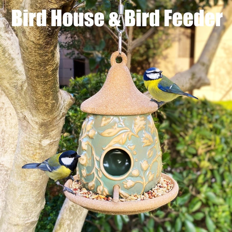 Karlliu Hanging Bird Houses for Outside: Bird House with Wooden Pole Ceramic Birdhouse Feeder for Hummingbirds Cardinal Wren Bluebird Wild Birds Nest Birdhouses Pet Cottage for Outdoor Patio Garden Decor - Image 3