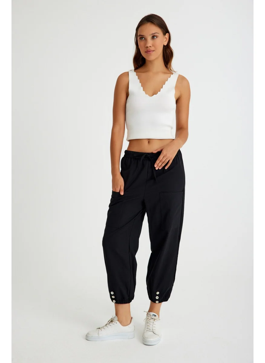 Barbora Linen Casual Trousers with Elastic Waistband and Lace-Up LN15BLACK2