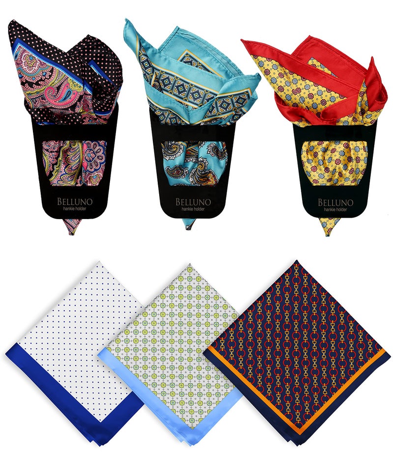 BELLUNO Pocket Square 6 pcs with 3 Folds Holders, Penetrating Printed Handkerchiefs Set for Men - Image 1