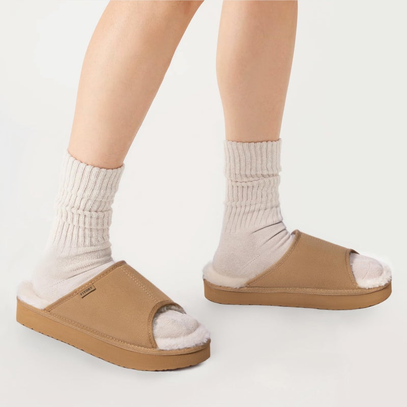 FITORY Womens Open Toe Slipper with Cozy Lining,Faux Rabbit Fur Cork Slide Sandals Brown Platform Size 10 - Image 5