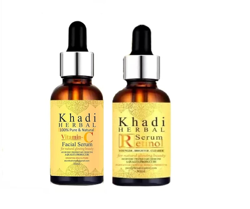 Khadi Herbal Herbigiri Herbal Face Care Combo of Vitamin C and Retinol Face Serum  Natural Day and Night Serum for Glowing Skin Pigmentation  Dry Skin  30ml30ml Combo pack - Image 1