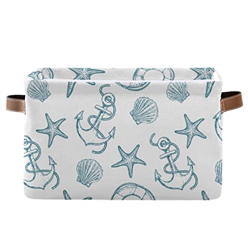 Wamika Coastal Anchor Nautical Theme Storage Basket Fabric Laundry Baskets Starfish Summer Beach Storage Boxes Organizer Bag for Baby Cloth Dog Toy Book Storage Cubes Shelf Closet Bins 16x12x8 Inches - Image 1