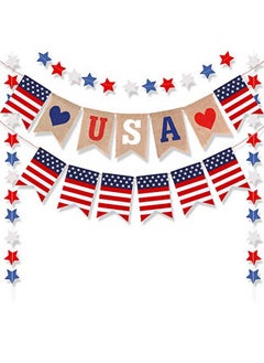 HOWAF 4Th Of July Decorations Red Blue White Usa American Flag Jute Burlap Banner Star Streamers For Independence Day 4Th Of July Labor Day Military Events Usa Theme Party  - Image 1