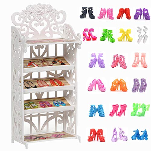 DoubleWood 1 Doll Shoes Rack 20 Pairs Doll Shoes Different Assorted Colors High Heel Shoes Doll Boots Flat Shoes Set Replacement for 115 inch Doll Doll Rack Shoes - Image 1